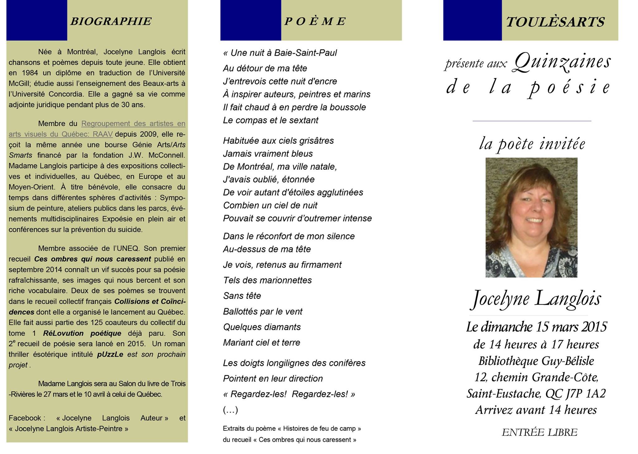 Quinzaine de la poésie - Poète invitée : Jocelyne Langlois